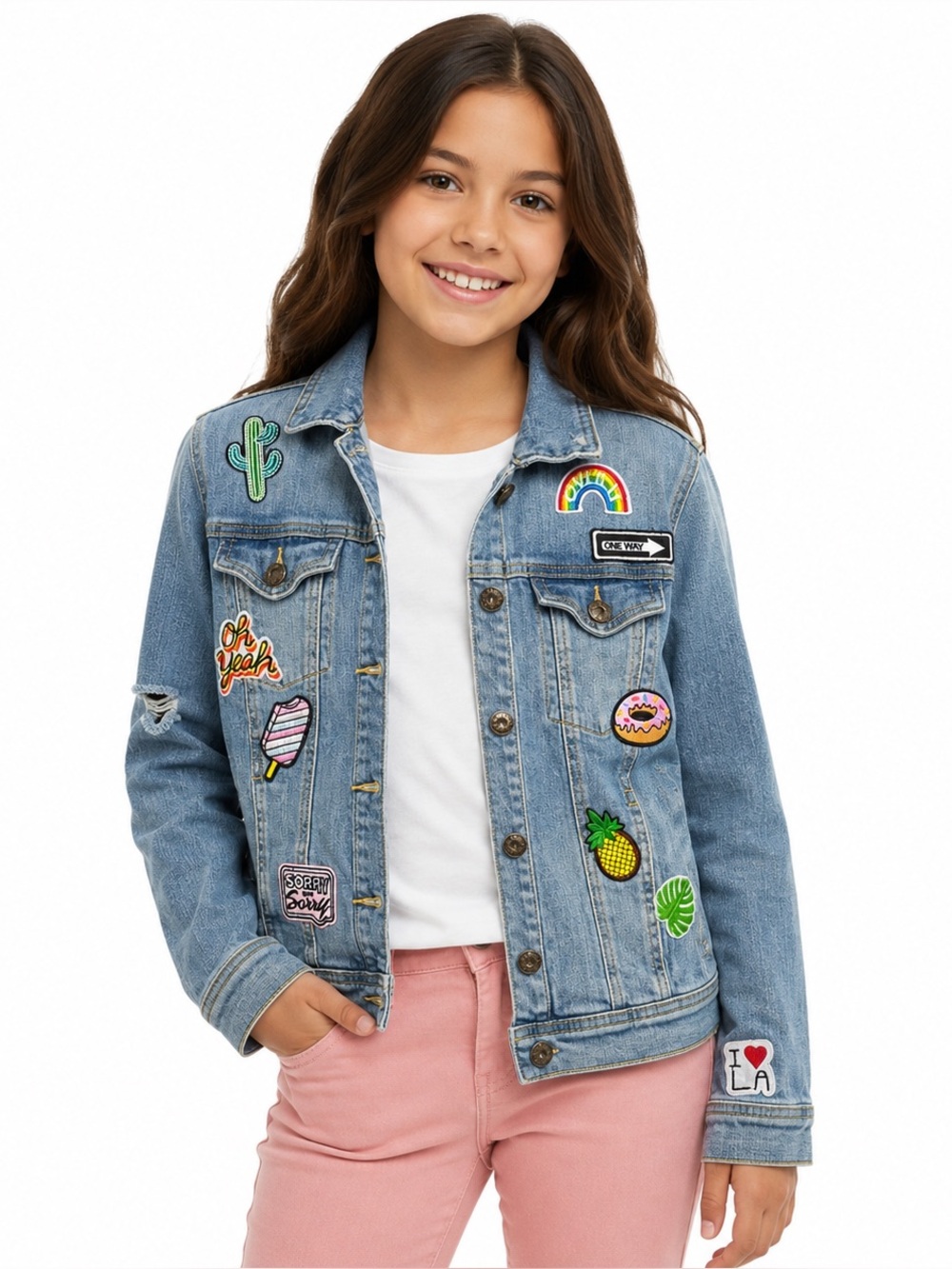 SNEAK PEEK Patch Denim Jacket Embroidered Distressed Blue Youth Small